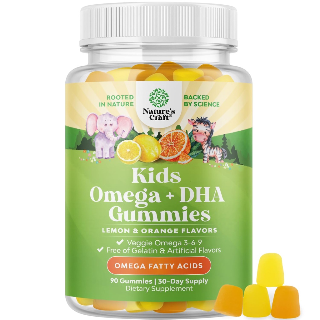 Bambini DHA Omega 3 Gummies per bambini - Delicious Fish Free DHA Omega 3 Gummies con Vegetariano 6 9 per Vision Brain & Immunity - Non OGM Supplement Fish & Gluten Free 1 Mese