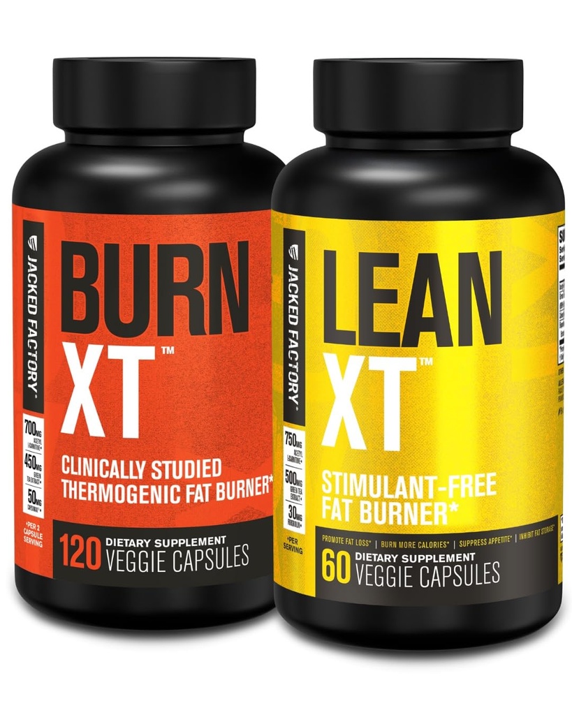 Jacked Factory Burn-XT Klinisch studierte Fat Burner & Weight Loss Supplement - Appetite Suppressant & Energy Booster (120 Kapseln) & Lean-XT Koffeinfrei Fat Burner (60 Kapseln)
