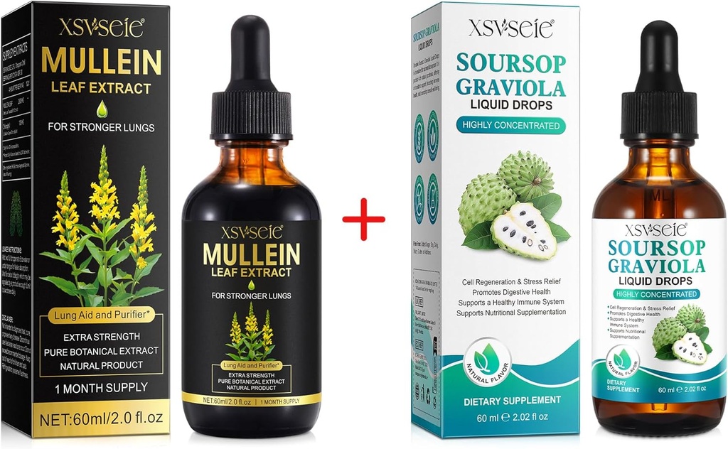 Gocce di Mullein per polmoni Pulsanti e Soursop Bitters Liquido,Traduzione di foglie di mulleina con clorofilla, gocce di Multivitamina di Soursop, Integratore di erbe naturale per uomini e donne