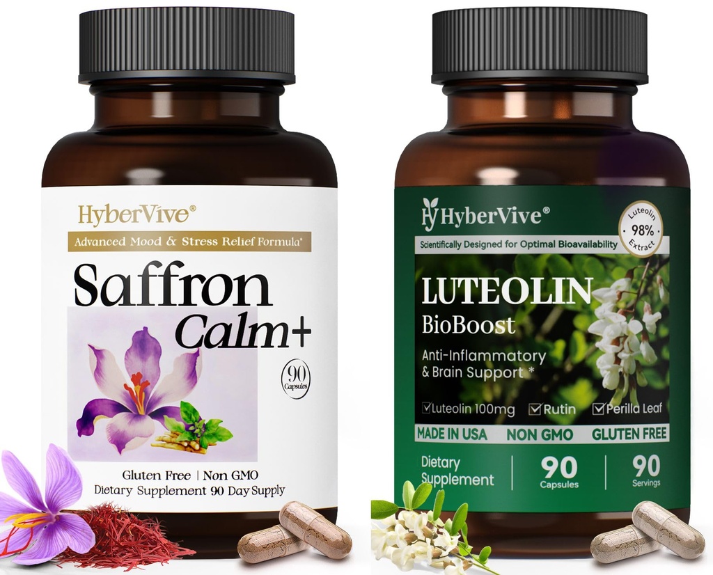 HyperVive Saffron with Ashwagandha & L-Theanine + Luteolin Bundle – Stress Relief, Cortisol Balance, Mood, Focus & Brain Health Support, Vegan Capsules