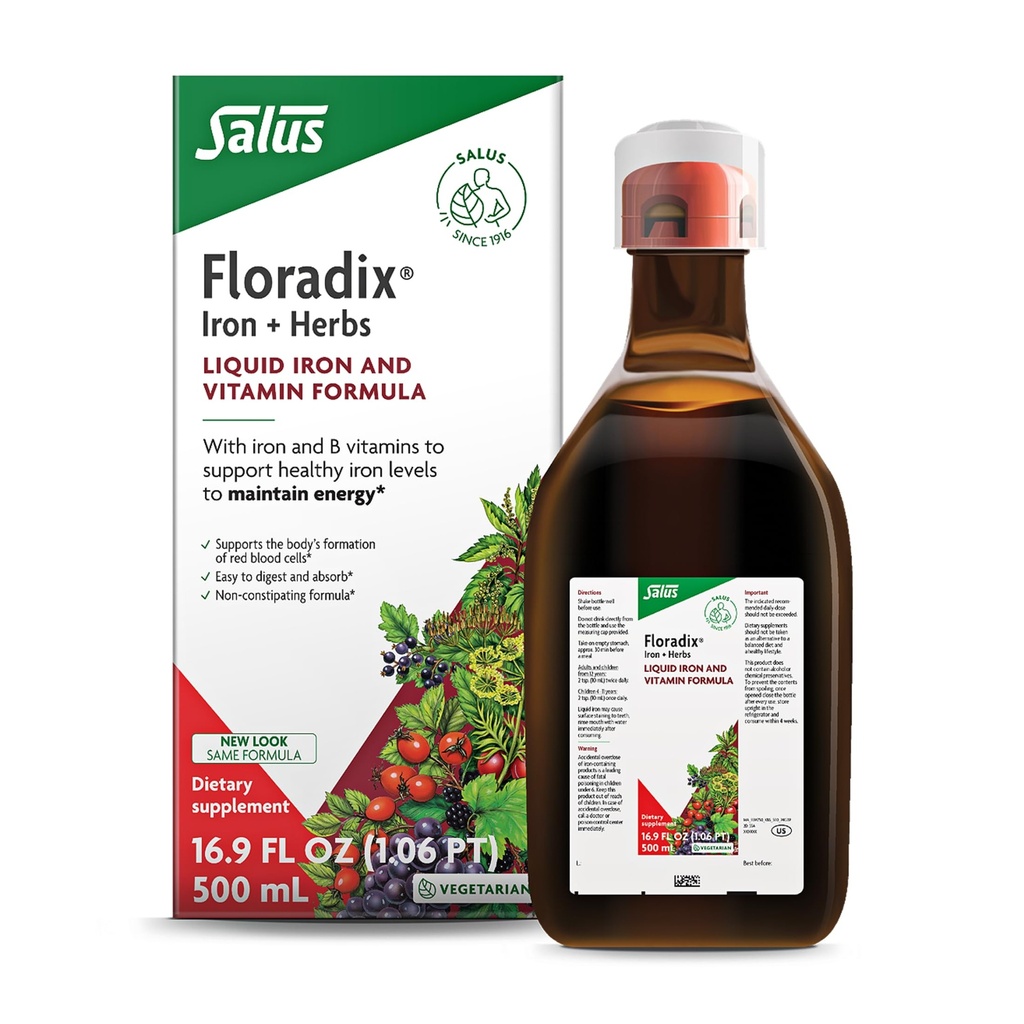 Floradix Iron & Herbes - Supplément à base de plantes liquides pour le soutien énergétique - Supplément de fer avec complexe de vitamine C et vitamine B - pour les hommes et les femmes - 16,9 fl oz