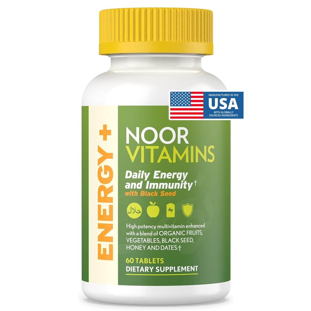 Noor Vitamines Energy+ Multivitamine; Vitamine halale pour la production d'énergie et l'immunité, 26 Vitamines et minéraux, Graines noires, Dates, Miel, pour les hommes et les femmes. Sans gélatine, 2 mois d'approvisionnement