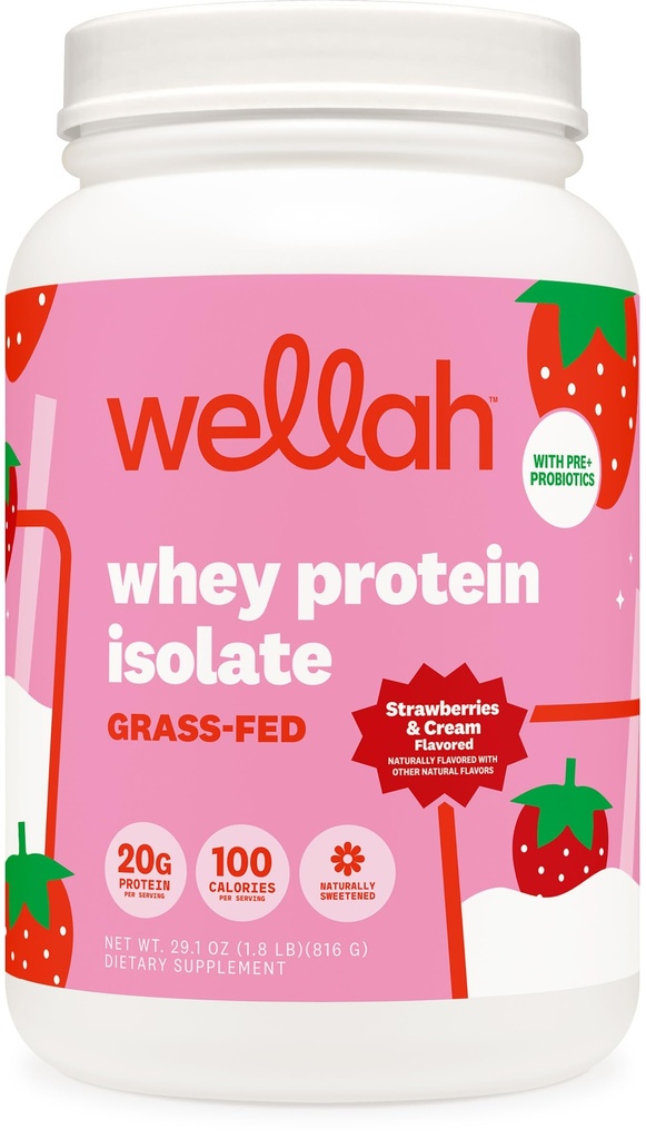 Wellah Grass-Fed Whey Protein Isolate Powder (Strawberries and Cream) 30 Servings - with Prebiotics, Enzymes & Probiotics, 20g of Protein, 100 Calories, Naturally Sweetened