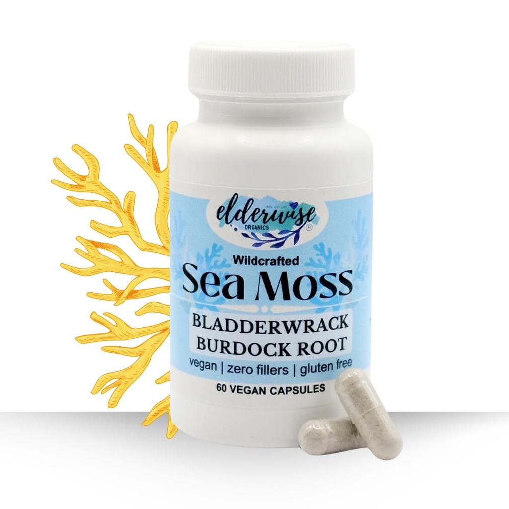 Capsules de moss de mer agée - Moss de mer avec Burdockroot & Bladderwrack - Supplément Superfood - 60 Capsules végétaliennes - 30 jours d'approvisionnement - Dosage 2 par jour - 1400 mg