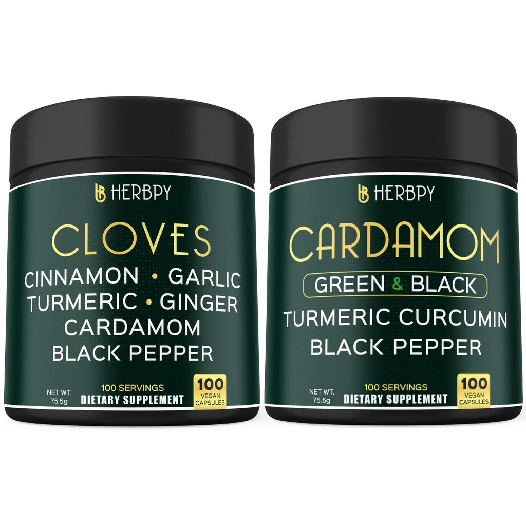 Herbpy Bundle 7in1 Clove Supplement 755mg/serving (100 Capsules) & 4in1 Black and Green Cardamom 755mg/serving (100 Capsules)