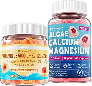 NEVISS Vitamin D3 5000IU + K2 (MK-7) 120mcg + Calciumergänzung 600mg, Algen Calcium Magnesium 2:1