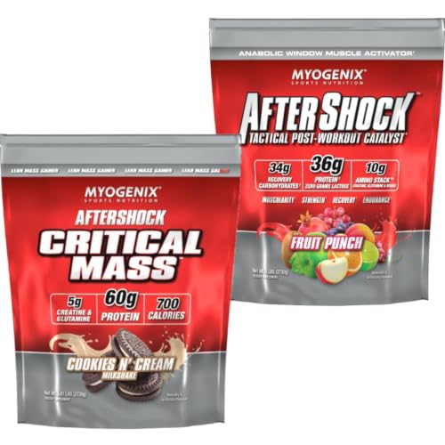 Myogenix Critical Mass Cookies & Cream and Aftershock Fruit Punch 6 lbs – Critical Mass: Whey Protein Powder, Creatine & Glutamine – Aftershock: Recovery Carbohydrates, Protein Powder, & Aminos Stack