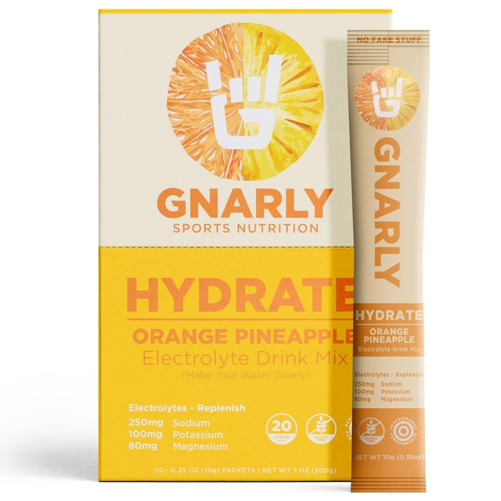 Gnarly Hydrate Electrolyte Drink Mix – Orange Pineapple Flavor, 20 Stick Packs – Balanced Electrolyte Blend for Hydration & Active Lifestyles