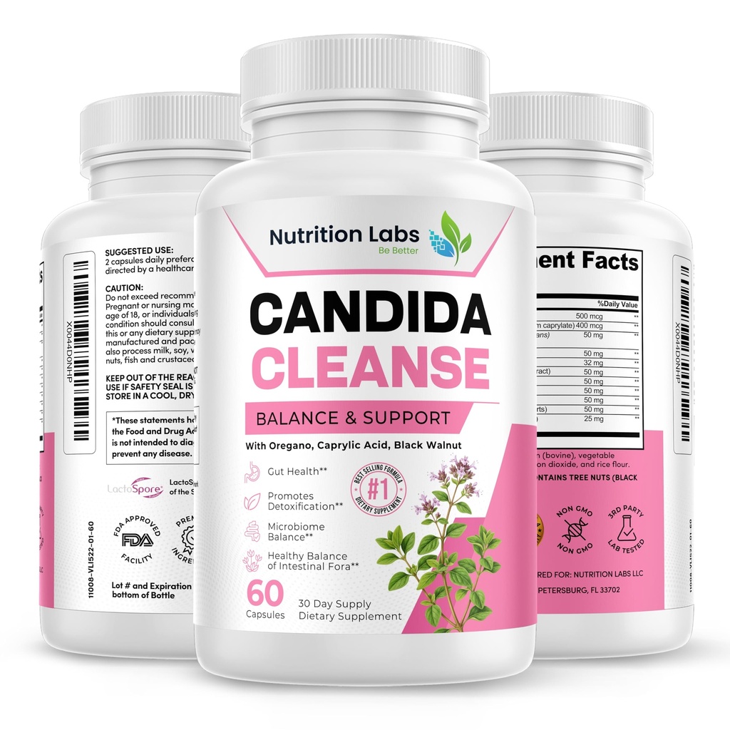 Candida Cleanse Supplément pour l'équilibre et le soutien, la désintoxication des candidases, les femmes et les hommes. Lactospore® Probiotiques. O/ Origan, acide caprylique