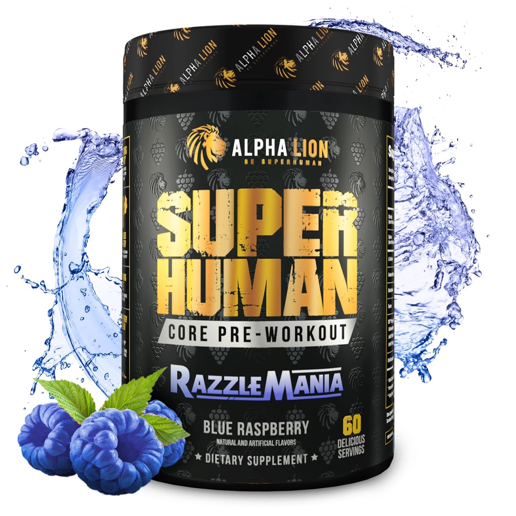 ALPHA LION Core Pre allenamento con creatina per prestazioni, Beta Alanina per muscolo, L-citrullina per pompa & Tri-Source Caffeina per l'energia sostenibile (60 Serve, Razzle Mania)