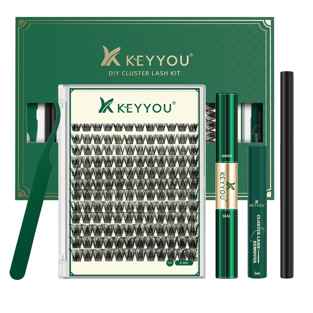 KEYYOU Lash Clusters Kit Natural Wispy DIY Lash Extension Kit 144pcs Lashes Clusters Eyelash Extension with Mascara Brush Bond and Seal Glue Remover Applicators and Brush for Lashes Extensions (Y01)