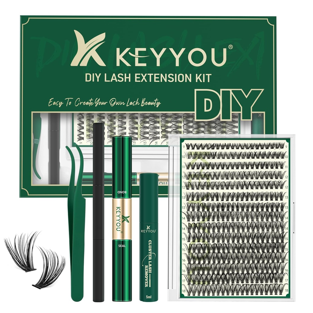 KEYYOU Lash Extension Kit DIY 300Pcs Lash Clusters Kit 40D 0.07 D Curl 9-18MIX Eyelash Extension Kit Individual Lashes Kit with Lash Bond and Seal, Lash Tweezers and Remover for Self Use