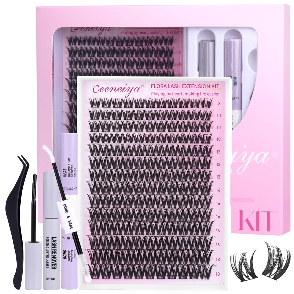 Geeneiya FLORA Lashes Clusters Kit DIY Lash Extension, 8-18MM Wispy Lash Clusters, Ultra-thin Soft Band Eyelash Extension Kit with Waterproof Lash Bond and Seal, Lash Remover, Tweezers for Beginners