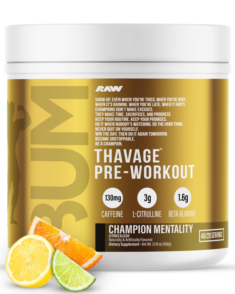 RAW Pre Workout Powder, Thavage (Champion Mentality) - Chris Bumstead Sports Nutrition Supplement for Men & Women - Cbum Pre Workout for Working Out, Hydration, Mental Focus & Energy - 40 Servings