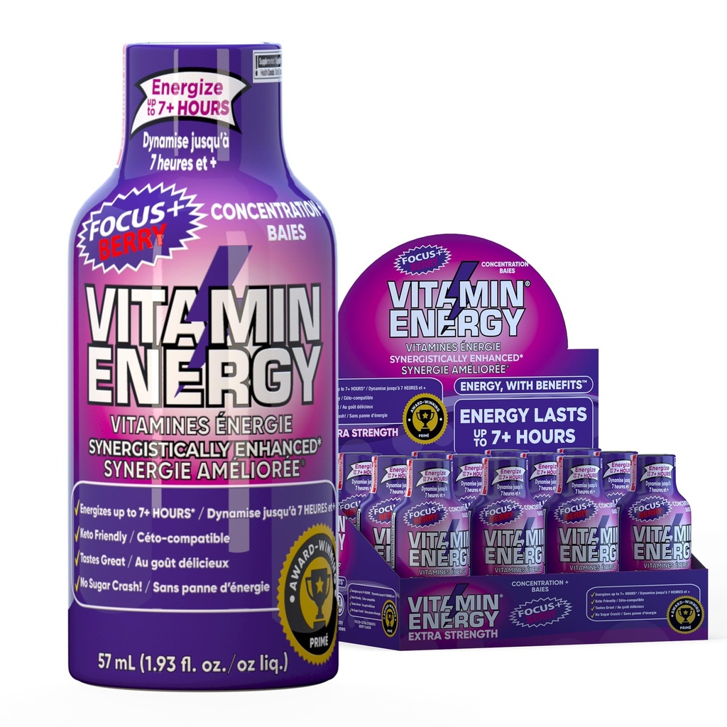 Vitamin Energy Focus+ Extra Strength Energy Shot Berry 12 Pack, 260mg Natürliche Koffein, B-Vitamine, CoQ10, Aminosäuren, Fokus, Produktivität & Clarity, Zero Sugar, Glutenfrei, 1,93 fl oz