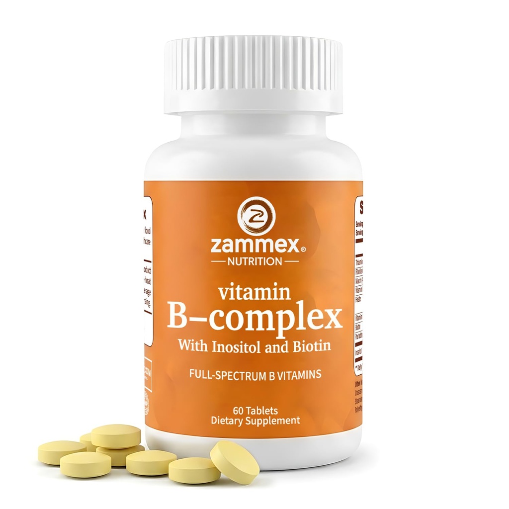Zammex Vitamin B Complex with Inositol and Biotin – Full Spectrum B Vitamins B1 B2 B3 B6 B12 Non-GMO · Vegan-Friendly – 60 Tablets