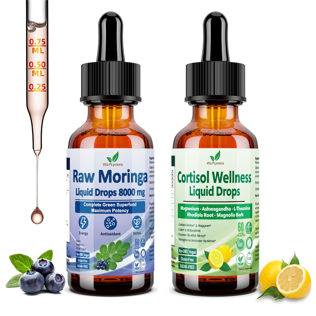 2 Pack Cortisol Detox for Women Men + Organic Moringa Liquid Drops, Vegan, Non GMO, Sugar Free