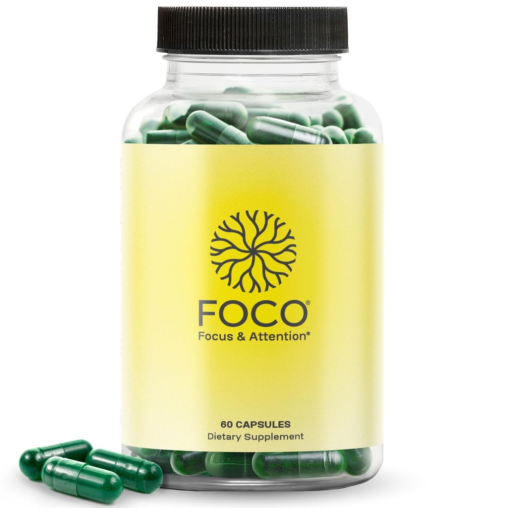 Denken FOCO Kapseln (13+) Natürliche Fokus Ergänzung für Teens & Erwachsene - Gehirn Nootropic für Konzentration, Gedächtnis, Psychische Klarheit, kognitive Enhancement Vitamine - Achtung Ergänzungen - 60 Kapseln