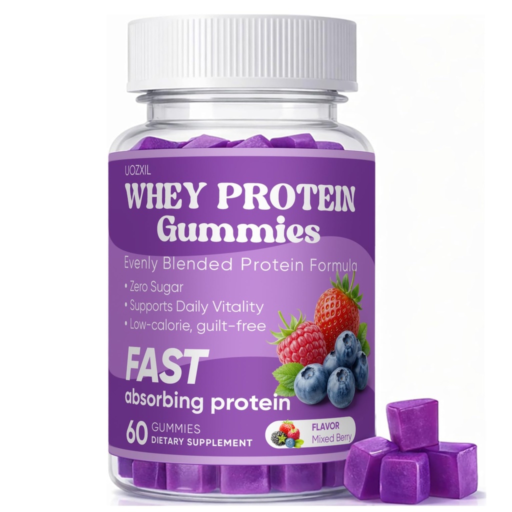 Whey Protein Gummies - Mixed Berry Flavor, 162g Fast Absorbing Protein Per Bottle, Sugar Free, Low Calorie, Delicious & Easy Protein Snack for Women & Men, No Shake Needed, 60 Gummies