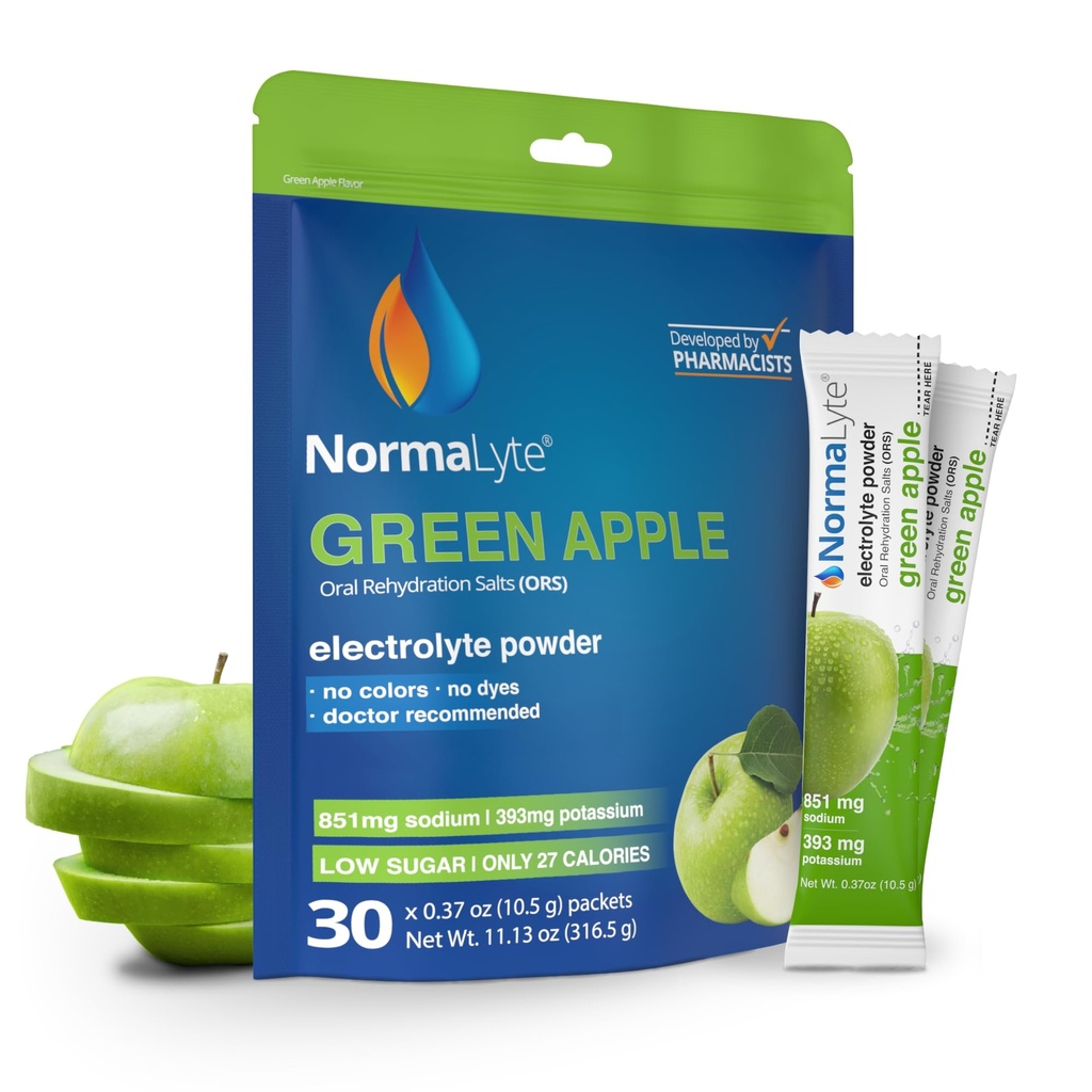 NormaLyte Apple | Electrolyte Powder Packets | Sodium & Potassium Drink Mix | 30 Count | No Dyes, No Stevia