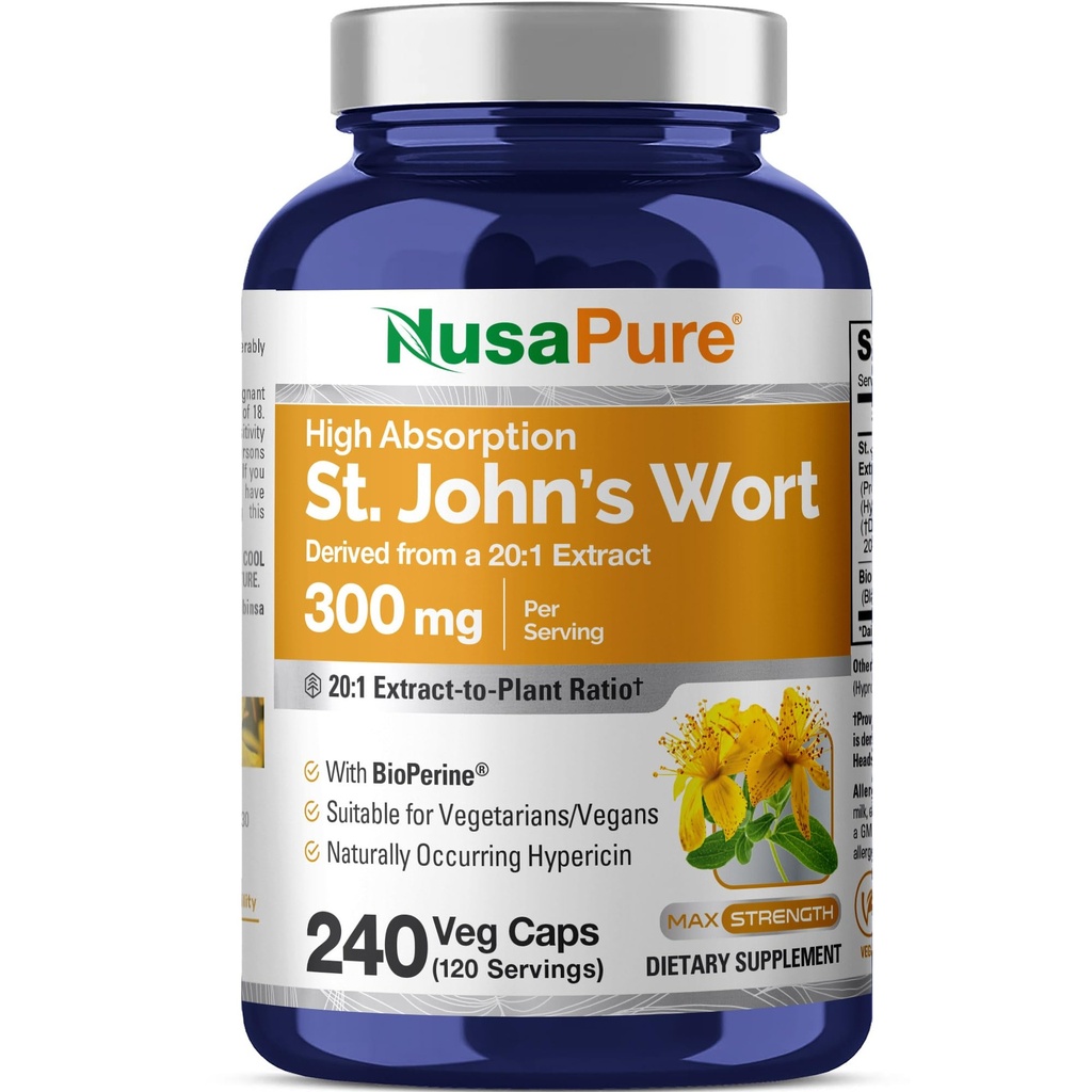 NusaPure St. John's Wort 20:1 Extrakt, 300 mgÄquivalent zu 6.000mg 240 Veggie Kapseln (Vegetarian, Non-GMO) Bioperine