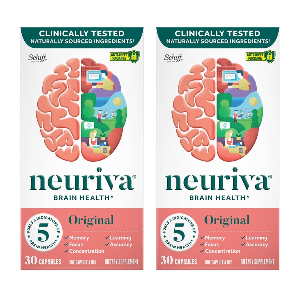NEURIVA Original Brain Supplement für Speicher, Fokus & Konzentration + Lernen & Genauigkeit mit klinisch getesteten Nootropics Phosphatidylserine und Neurofactor, Koffeinfrei, 30 Kapseln (2 Pack)