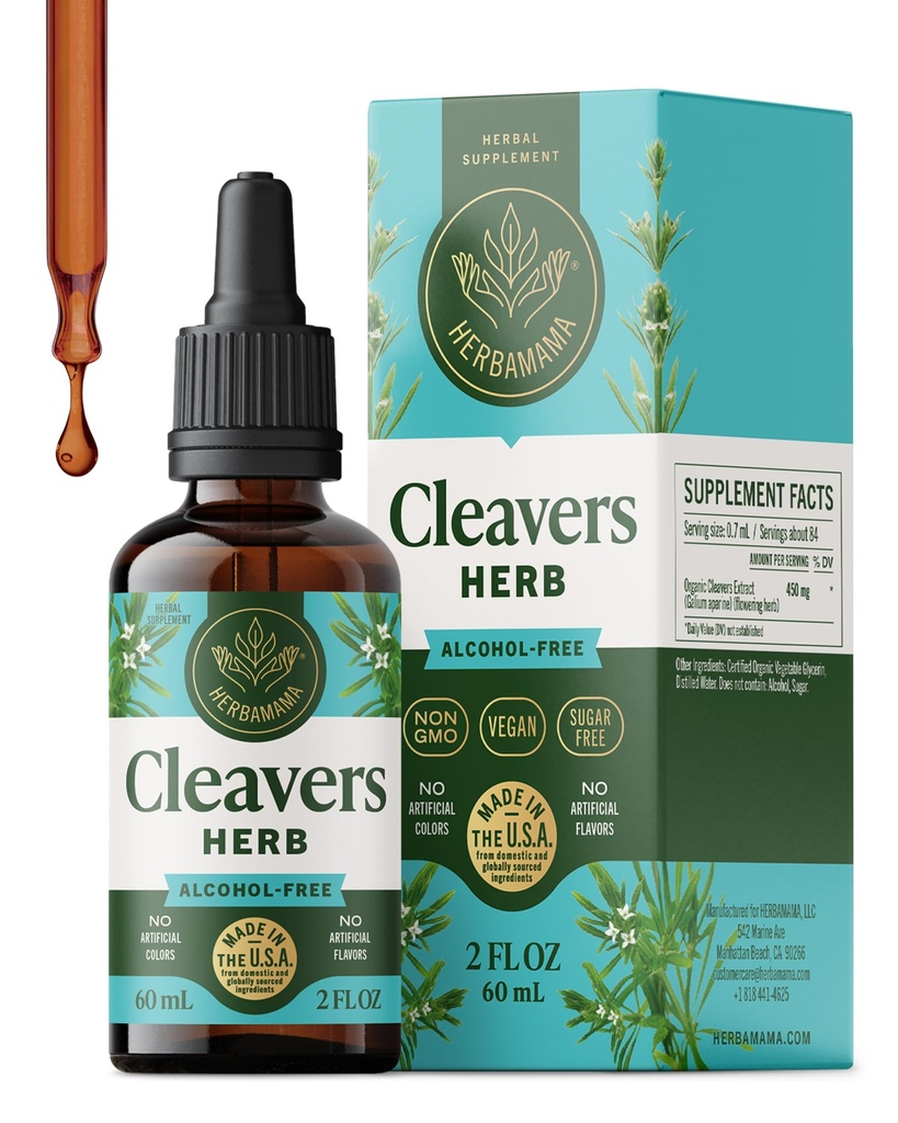 HERBAMAMA Cleavers Lymphatic Drainage Drops - Vegan Natural Detox & Cleanse Support with Cleavers Leaf Extract Liquid - Non-GMO, Alcohol & Sugar-Free Herbal Supplement, 42-Day Supply