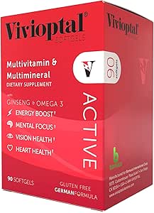 Vivioptal Active, 90 Softgels, Ginseng & Omega 3, Multivitamin & Multimineral, Gluten Free, Formula tedesca