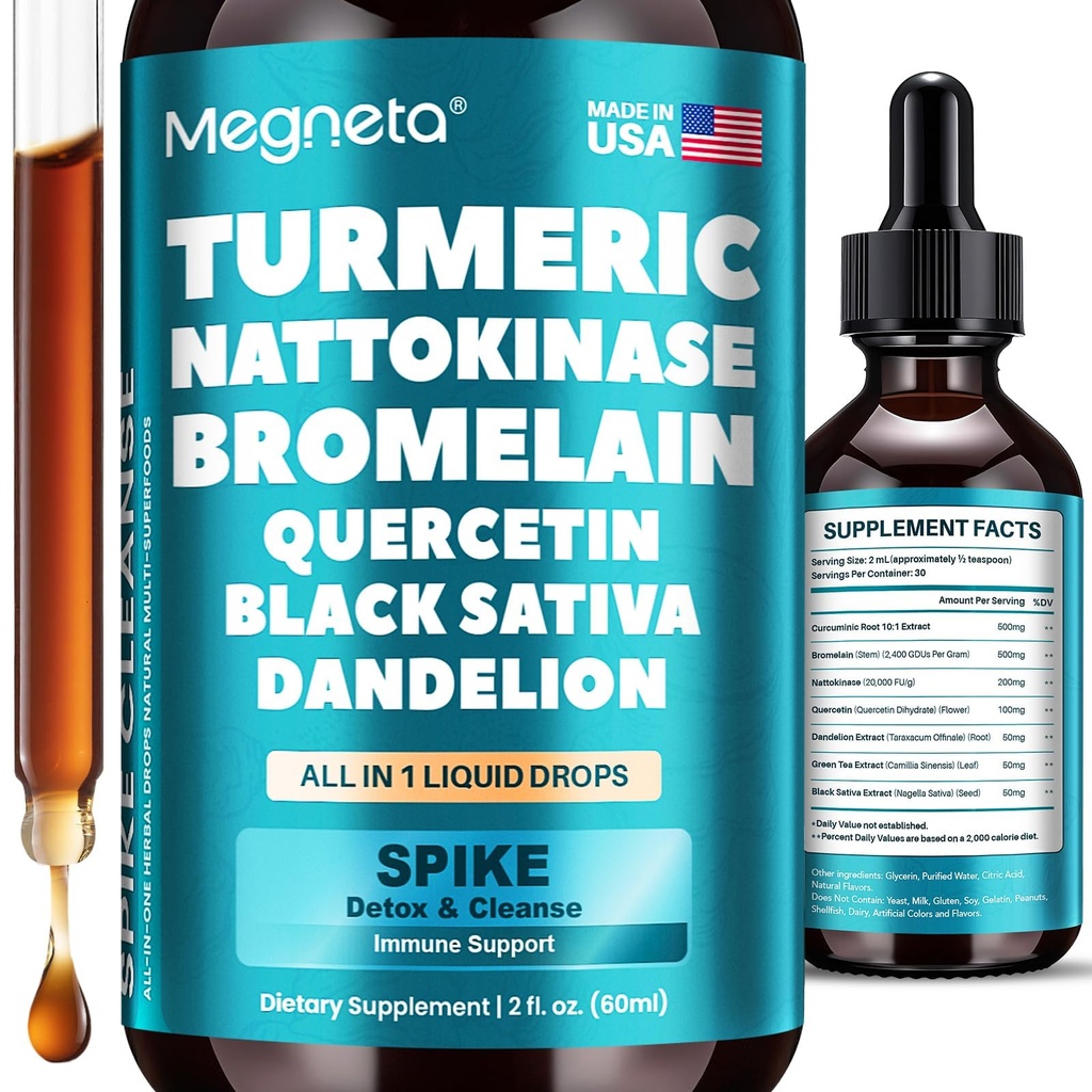 Spike Detox Liquid Drops, Nattokinase 4,000 FU, Bromelain 500mg, Turmeric Curcumin 10:1 Extract 500mg & Quercetin, Enzyme Complex for Heart & Circulatory Support, 2 Fl Oz