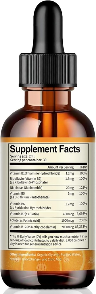 Liposomale Vitamin B Komplex Tropfen mit Vitamin B1 Thiamin, B2 Riboflavin, B3 Niacin, B5 Pantothensäure, B6 Pyridoxin, B7 Botin, B9 Folat, Methyl B12 für Energie, Stoffwechsel, Haut, Mood-2 FL.OZ