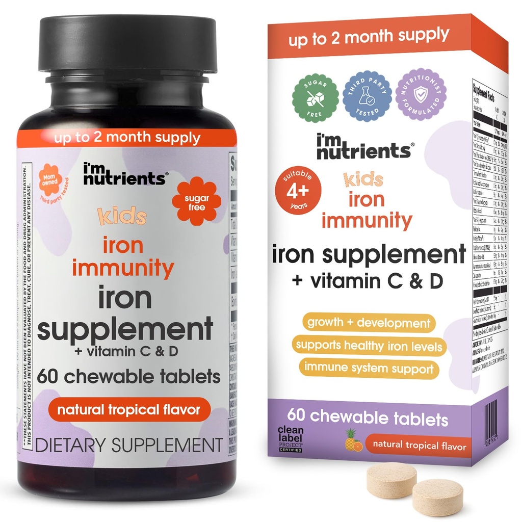 I’m Nutrients Iron Immunity | Iron Supplement for Kids | Kids Vitamin with Iron | Immune Support | Vitamin C and D3 | Naturally Flavored | No Artificial Ingredients | 60 Chewable Tablets
