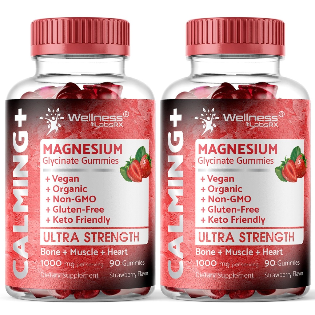 Magnesium Glycinate Gummies, 1000 mg - Magnesium Supplement to Support Relaxation, Heart Health - Chewable Calm Magnesio Gummies for Adults, Glicinato De Magnesio - Strawberry Flavor - Pack of 2