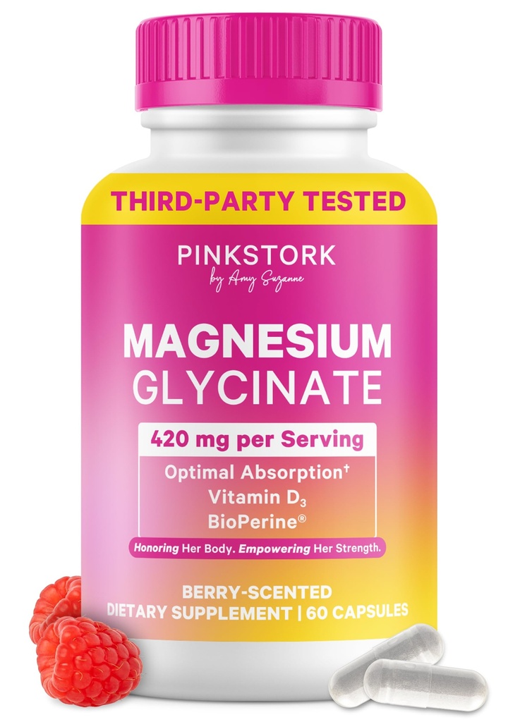 Pink Stork Magnesium Glycinate 420mg with Vitamin D - Magnesium Supplement for Women to Support Natural Calm, Mood, and Sleep - Hormone Balance for Women - 60 Capsules, Berry Essence, 1 Month Supply