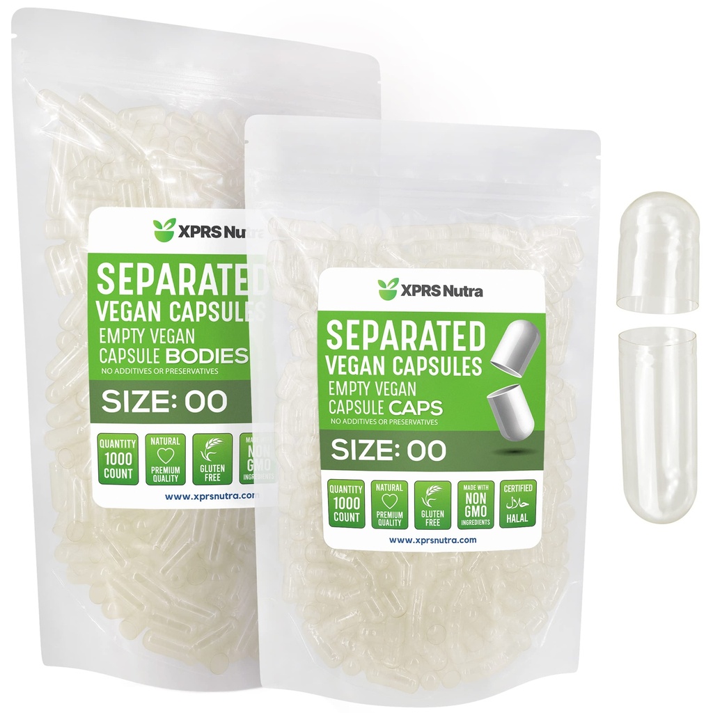 XPRS Nutra Vegan Größe 00 Getrennte Kapseln - 1000 Count Premium Leere Kapseln Getrennt in Taschen - Klar Leere 00 Pillen für DIY Ergänzung Füllung