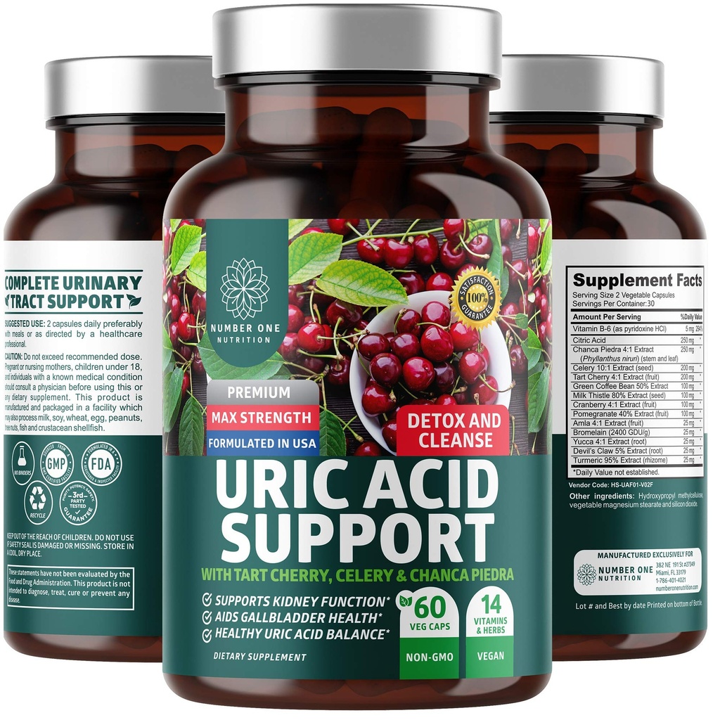 N1N Premium Uric Acid Support Supplement [14X Potent Kräuter] Alle natürlichen Nieren und Uric Acid reinigen mit Tart Kirsche, Milchdistel, Cranberry, Celery, Chanca Piedra, 60 Veg Caps