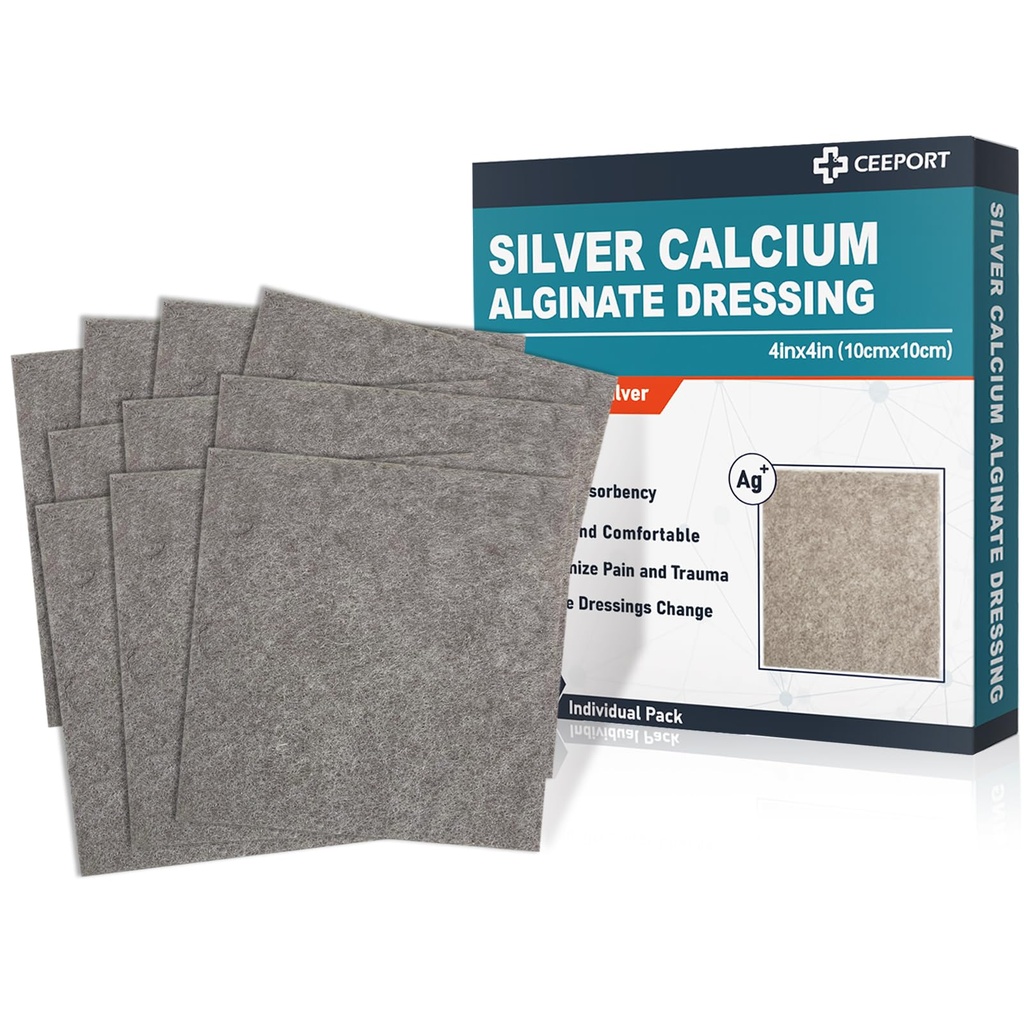 Ag Silver Calcium Alginate Wound Dressing Pads, 4'x4''s Patches, 10 Individual Pack, Vestiti in argento morbido per la cura dei tessuti, Vestiti estremamente assorbenti, Cuscinetti non Stick Gauze per i tessuti