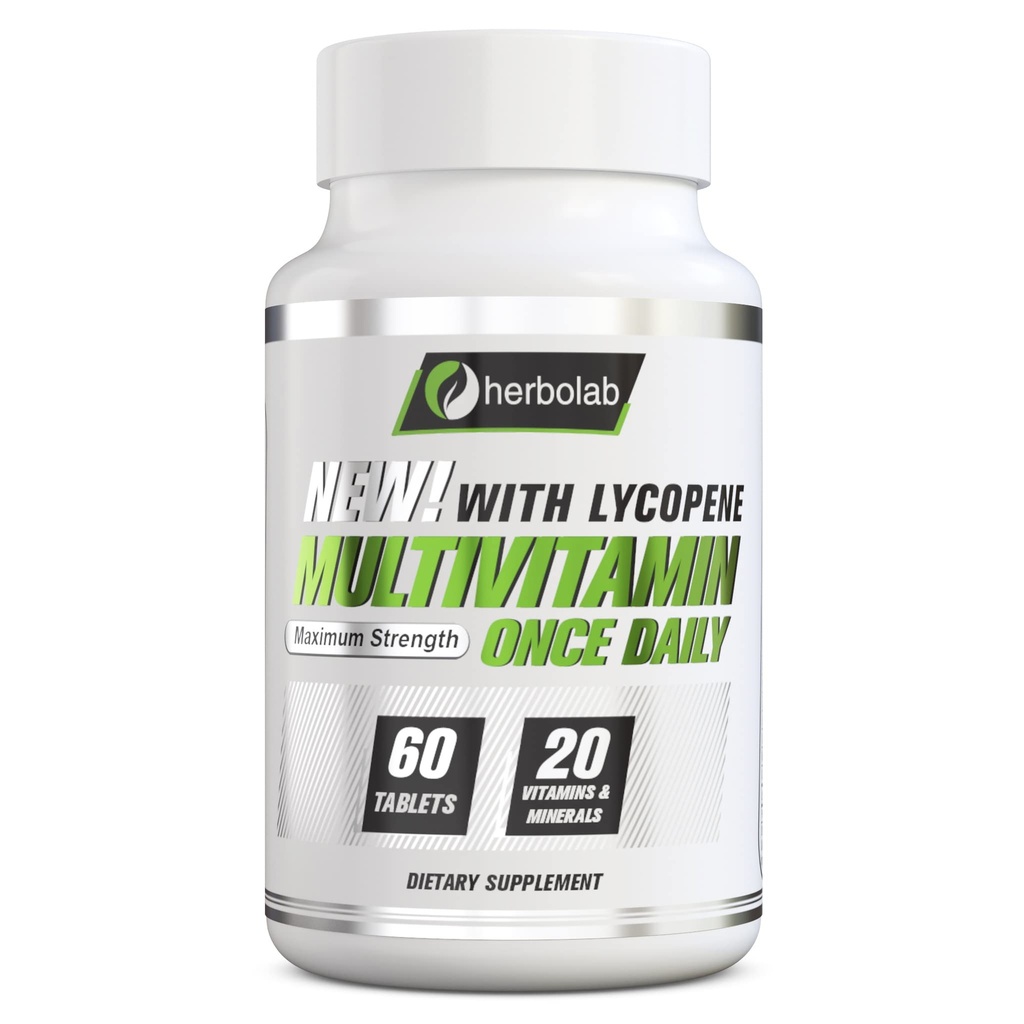 Herbolab Multivitamin Einmal täglich, Max Strength Vitamine A, C, D, E, K, B1, B2, B6, B12, Niacin, Calcium, Magnesium, Zink, Selen, Kupfer, Mangan, Chrom mit Lycopin, 60 Count 2 Mo Versorgung