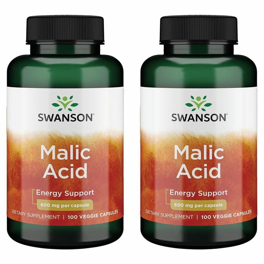 Swanson Malic Acid - Natural Supplement Promoting Cellular Energy Production - Supplement Formula to Help Nourish & Energizes Muscles - (100 Veggie Capsules, 600mg Each) (2 Pack)