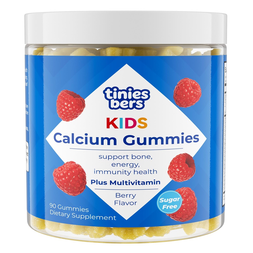 Tinies bers Calcium Glycinate Gummies for Kids, 200mg Calcium with Multivitamins, Methyl Vitamin B12, Support Growth, Bone Health, Energy, Daily Support, Vegan, Sugar Free, Pectin, Berry, 90