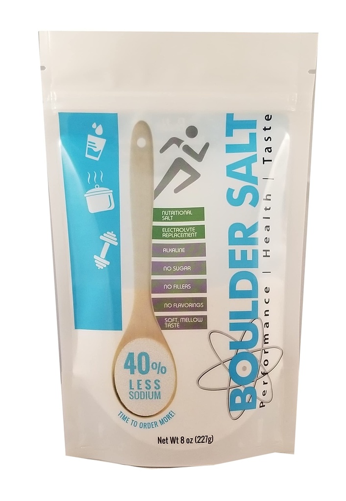 Boulder Salt - Low Sodium - Potassium Magnesium Salt - Electrolyte Salts - Unflavored - 8oz - Tastes Good on Food or in Water. 113 Servings.