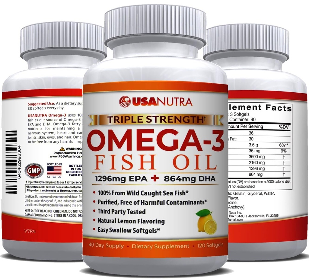 Omega 3 Fish Oil Supplement 3600mg mit EPA und DHA für Frauen und Männer unterstützt Gelenk, Gehirn und Herzgesundheit 120 Softgels, 40 Tage Versorgung