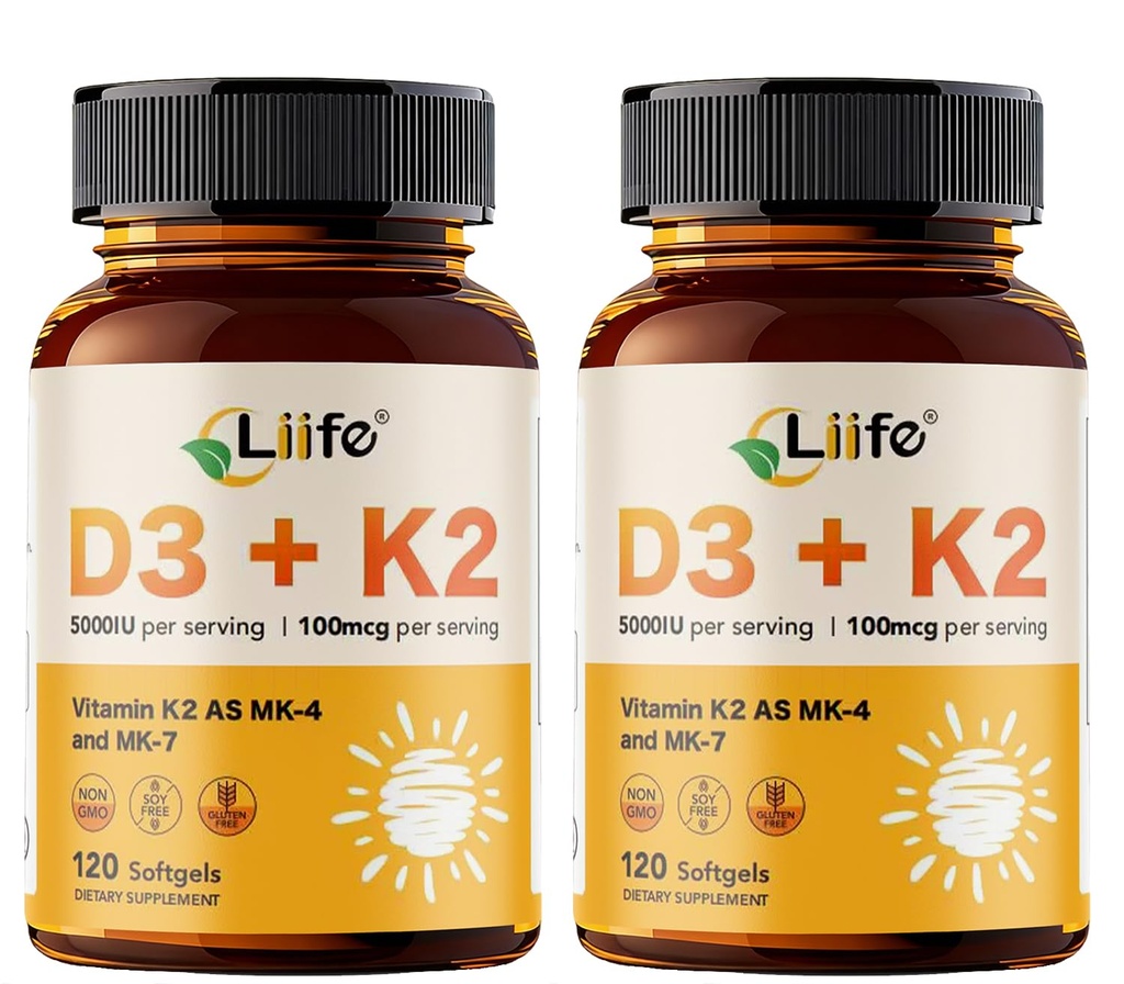 LIIFE Vitamin D3 + K2 (5000 IU D3 / 100mcg MK7 and MK4) Supplement for Immune Support, Bone & Heart Health-Non-GMO, Gluten-Free-240 Softgels