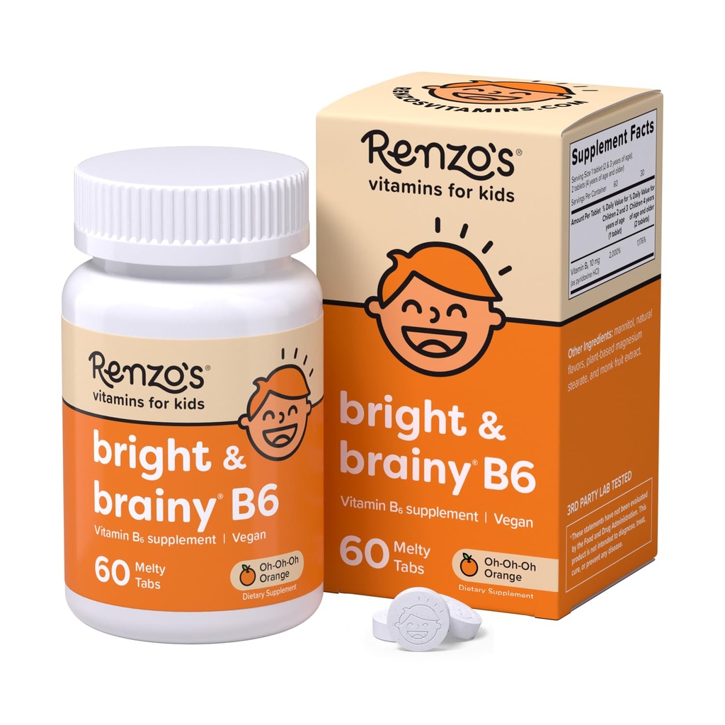 Renzo Bright & Brainy Vitamine B6, Dissoudre les enfants Vitamine B6, 60 comprimés sans sucre, Oh Oh Orange Aromatisé