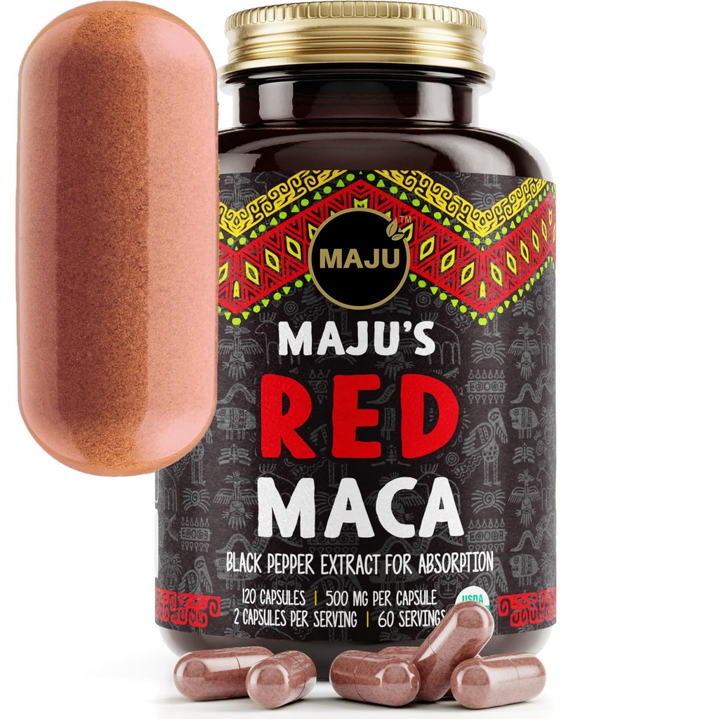 Maju Superfoods Organic Red Maca Root Capsule 120ct - Donne Focused Curve Enhancement Nutrition Booster Pills, Guadagna per cosce, Polvere in pillola
