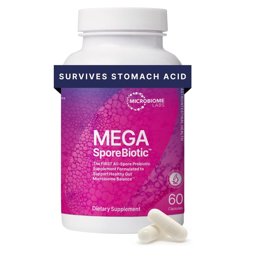 Microbiome Labs MegaSporeProbiotiques biotiques pour les femmes et les hommes - Probiotique à base de spore pour Gut Health & Digestive Support - Plat-Stable, Voyage-Amis, Hommes et Femmes Probiotiques (60 Capsules)
