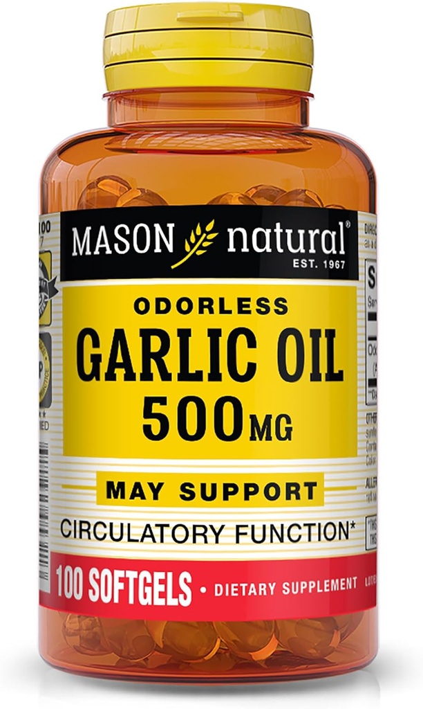 MASON NATURAL Knoblauch Öl 500 mg Odorless Allium Sativum Supplement - Unterstützt gesunde Kreislauffunktion, 100 Softgels