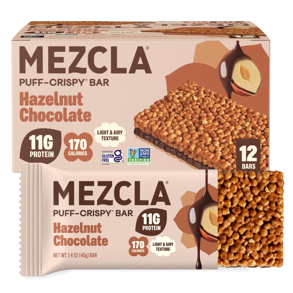 Mezcla Puff-Crispy Plant Based Protein Bars - Hazelnut Chocolate - Healthy Snacks for Adults & Hazelnut Spread Fans - School & Office Snacks - Gluten Free, Vegan, Non GMO, 10g Protein - 12 Count