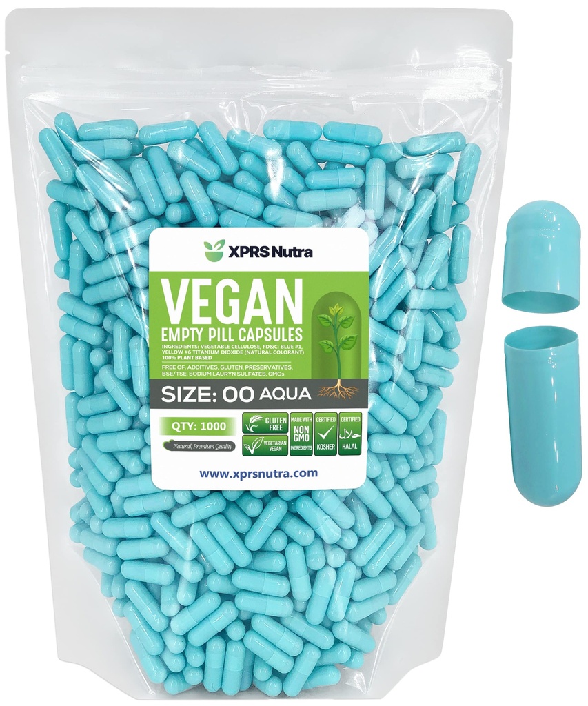 XPRS Nutra Größe 00 Leere Kapseln - 1000 Graf Leere Vegan Kapseln - Vegetarische leere Pillen - DIY Gemüse Kapsel Füllung- Veggie Pillen Caps (Aqua)