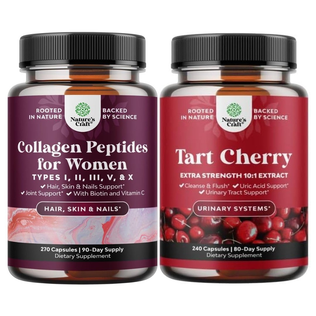Bundle of Advanced Multi Collagen Complex - Ageless Multi Collagen Peptides Supplements for Hair Skin & Nails and Extra Strength Tart Cherry Capsules for Uric Acid Cleanse & Kidney Support