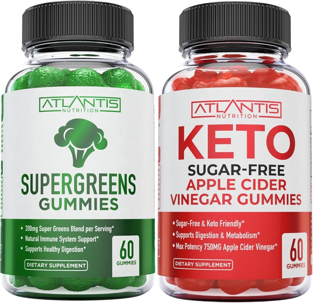 Atlantis Nutrition Supergreens 60 Gummies + Sugar Free Keto Apple Cider Vinegar 60 Gummies